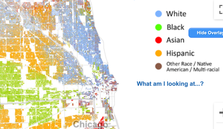 Most people who live on Lake Shore Drive are white. (South Lakefront neighborhoods are predominantly African-American, but have far fewer addresses on LSD. Image: The Racial Dot Map, based on 2010 Census data.