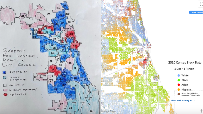 Map of likely aldermanic support for DuSable Drive, along with the Racial Dot Map of Chicago. Left image: John Greenfield