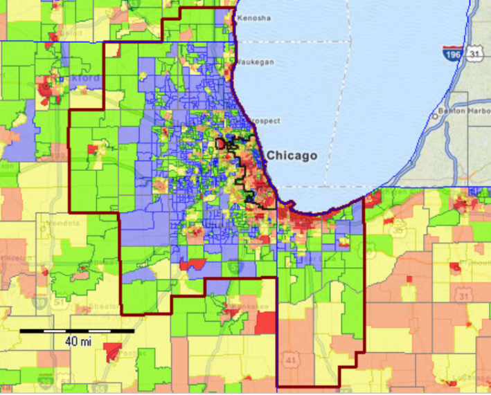 the Chicago-Naperville-Elgin, IL-IN-WI Metropolitan Statistical Area outlined in bold. Image: ProximityOne