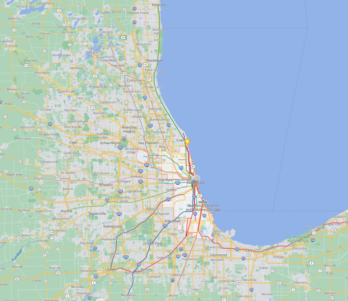 Everywhere that can be reached by Chicago commuter rail, excluding South Bend. Is this Chicagoland? Image: Google Maps