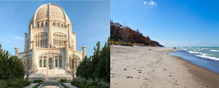 The Baháʼí House of Worship in Wilmette, and Indiana Dunes National Park.