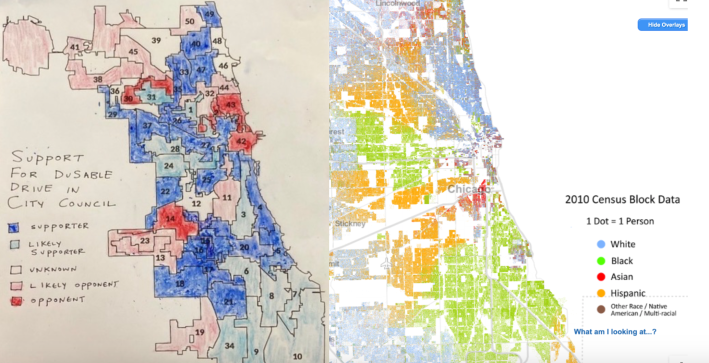 Current map of likely aldermanic support for DuSable Drive, along with the Racial Dot Map of Chicago. The 22nd Ward, where Alderman Michael D. Rodriguez is a confirmed supporter, has not been colored in yet. Click to enlarge. Left image: John Greenfield