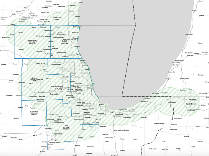 The zones within 10 miles of all Metra and South Shore Line stations. Excluding areas in Eastern Time, does this represent the boundaries of the region where Chicagolanders dwell? Map: Steven Vance