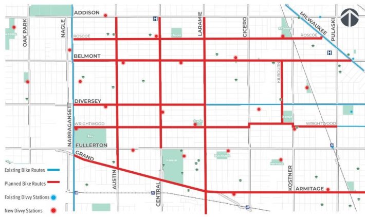Map of the planned bike routes and Divvy stations. The stations will be so-called "E-stations," bike rack installations for parking electrical-assist bikes with built-in locks. Image: CDOT