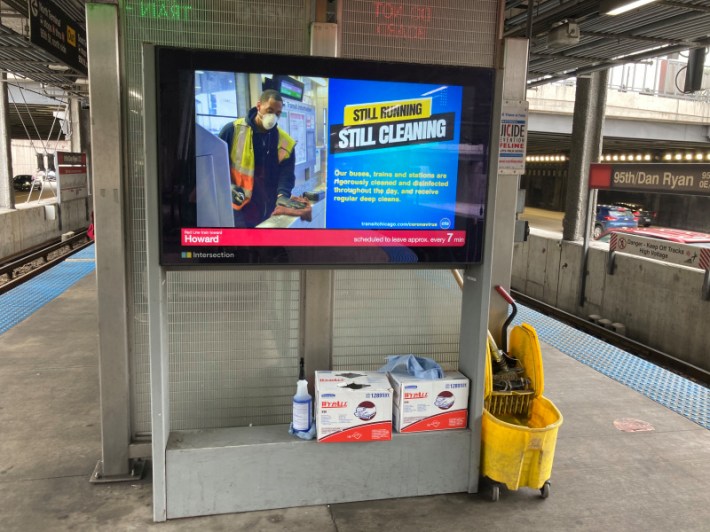 A message promoting CTA's cleaning protocols, along with cleaning supplies, at the 95th Street Red Line platform. Photo: John Greenfield