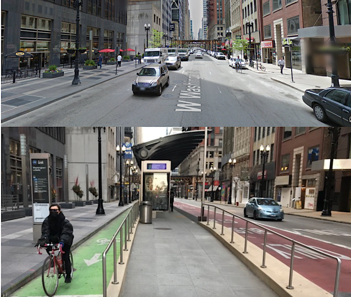 The 100 block of West Washington Street, before and after Loop Link. Images: Google Maps, John Greenfield