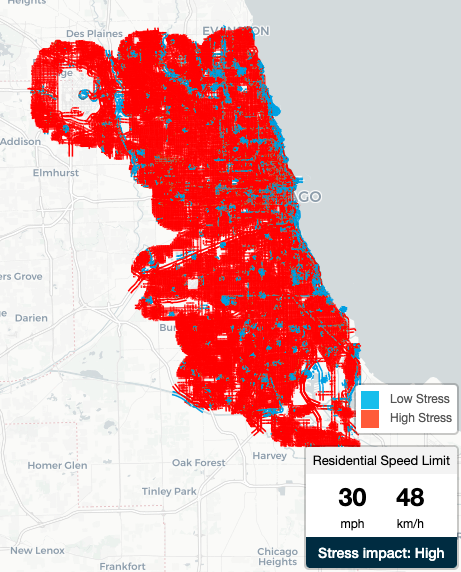 As it stands, basically every street in Chicago that doesn't have bikeways, including quiet side streets, is classified as "high stress."