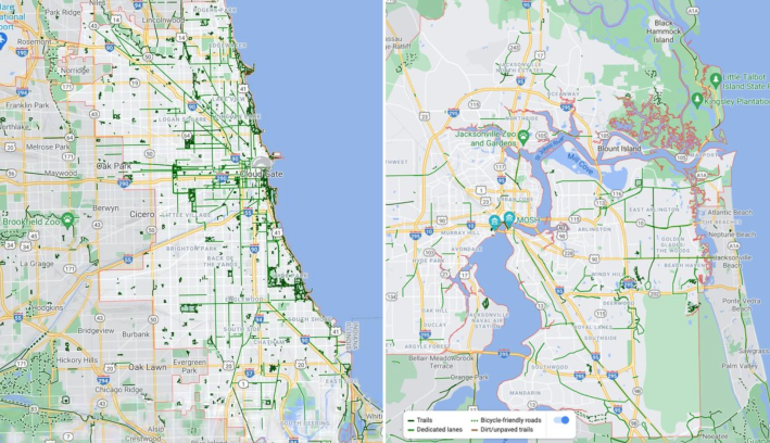 Bikeway networks in Chicago and Jacksonville. Images: Google Maps