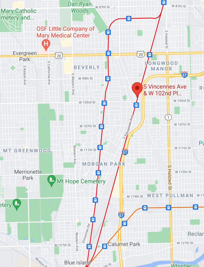 The Pruitt crash site is one of dozens of at-grade Metra crossings on Chicago's Far Southwest Side. Image: Google Maps
