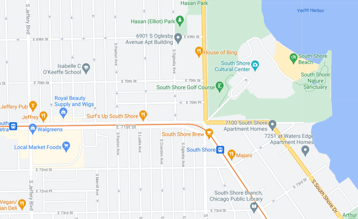 The streetscape project is taking place on 71st Street between Jeffery Boulevard and South Shore Drive. Image: Google Maps