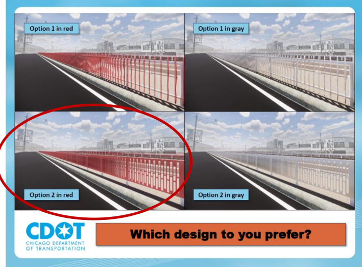 The architectural fence design for the Metra tracks chosen by survey respondents. Image: CDOT