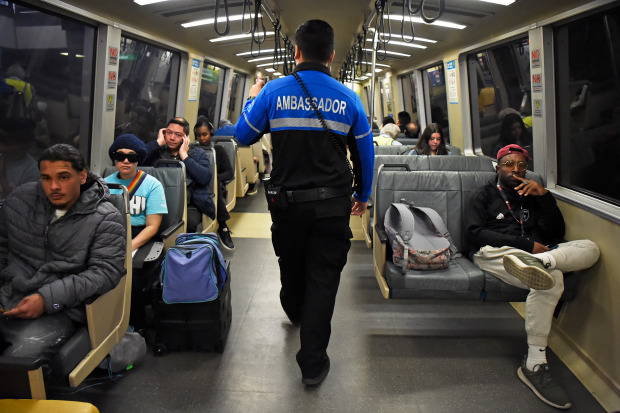 OAKLAND, CA - FEBRUARY 10: A BART Ambassador patrols a San Francisco bound train in Oakland, Calif., on Monday, Feb. 10, 2020. Today is the first day BART's Ambassador Program began with patrols in Oakland and San Francisco. (Jose Carlos Fajardo/Bay Area News Group)