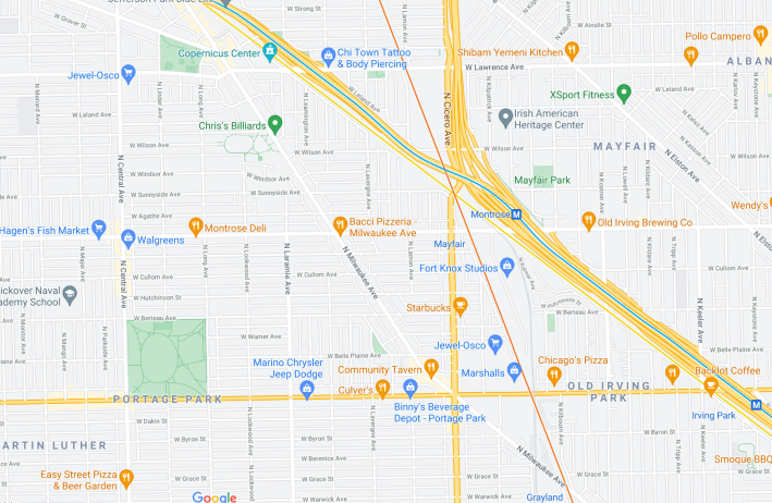 The author argues that the Portage Park parking lot could replace all the on-street parking on Milwaukee between Irving Park and Lawrence. Image: Google Maps