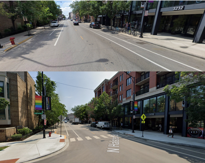 The south leg of Melrose/Halsted in July 2018 and July 2019. Images: Google Street View