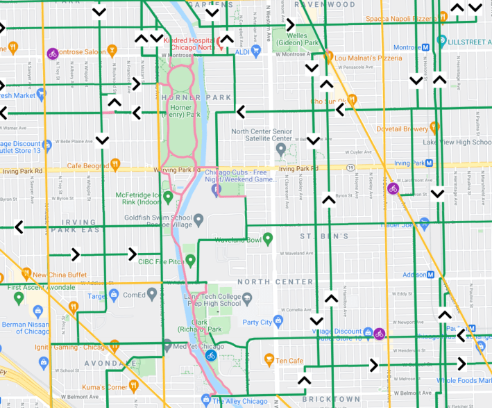 The 312 RiverRun (pink lines along river) allows you to travel car-free between Montrose and Belmont. Image: Mellow Chicago Bike Map