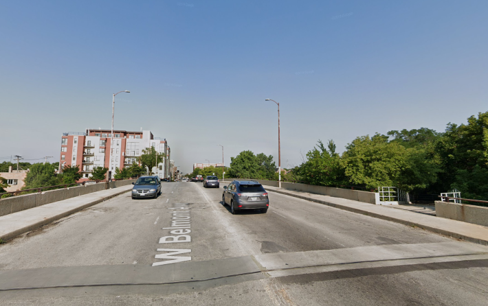 The entrance to the 312 RiverRun system, right, by a bike-hostile four-lane stretch of Belmont. Image: Google Maps