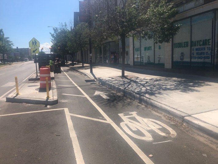 A section of the southbound Clark bike lanes surrounded by a concrete pedestrian island.Photo: Courtney Cobbs