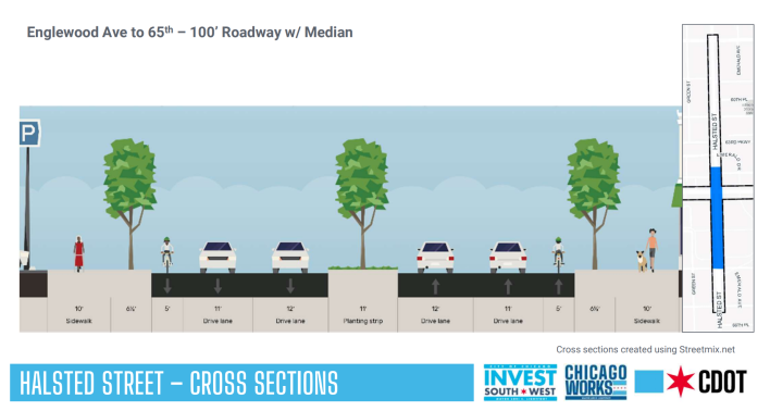 Halsted has bike lanes, but high speeds due to the wide street layout with four travel lanes.