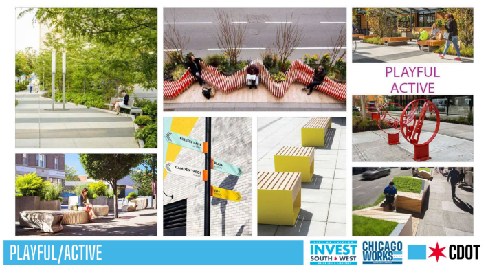 Examples of "Playful/Active" streetscape design.