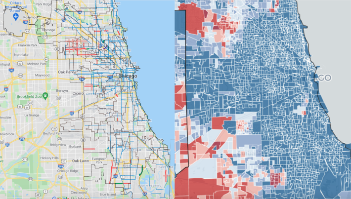 The parts of Chicago that have few or no bikeways and/or aren't getting any new ones this year, tend to correspond with areas that voted for Trump. Images: Google Maps, Chicago Tribune