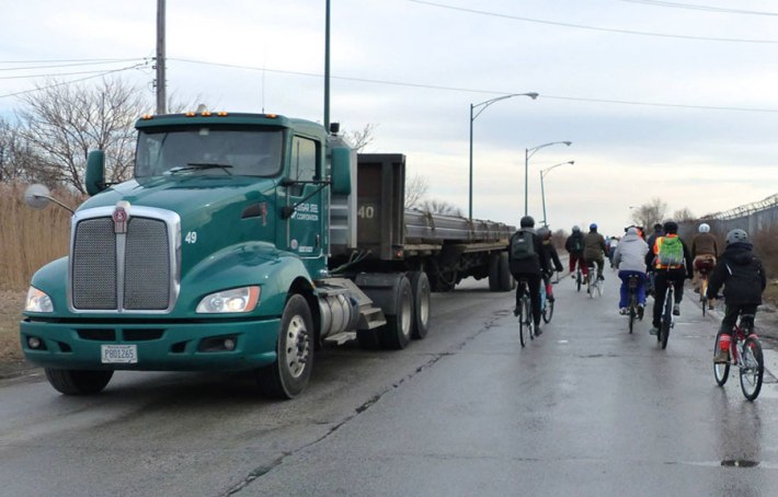 A 2016 Slow Roll Chicago winter ride to Big Marsh. Heavy truck traffic makes biking to the park a risky proposition.Credit: John Greenfield