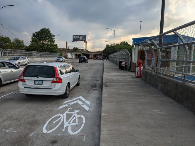 Shared-lane markings recently installed on the Montrose Avenue bridge over the Kennedy Expressway. Photo: Josh Koonce
