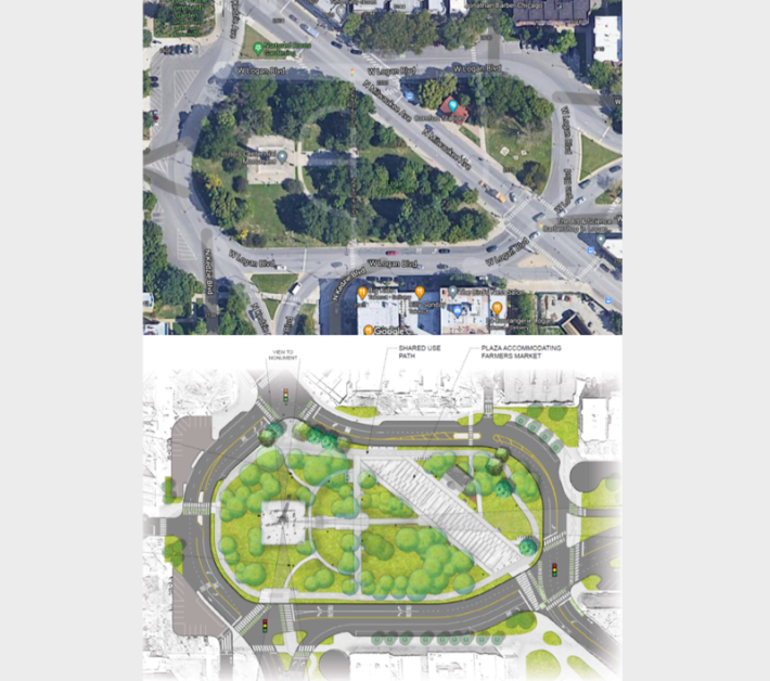 The current layout of the Logan Square traffic circle and the remix. Images: Google Maps, CDOT