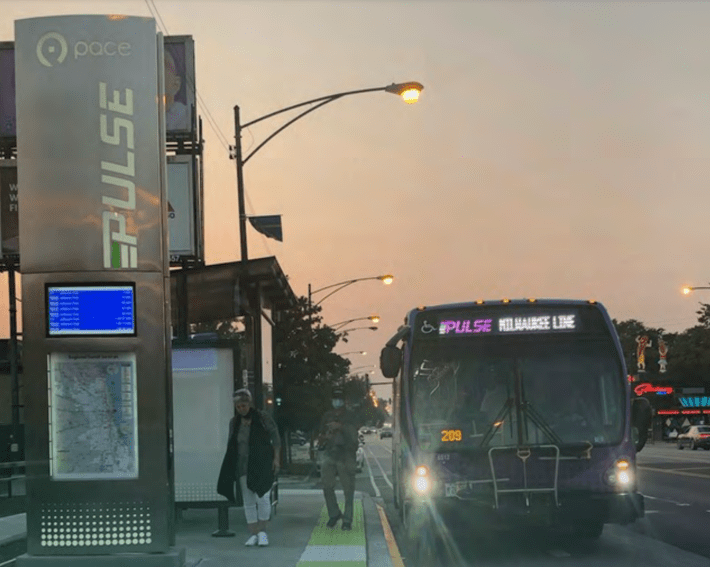 A Milwaukee line Pulse ART bus near Superdawg.