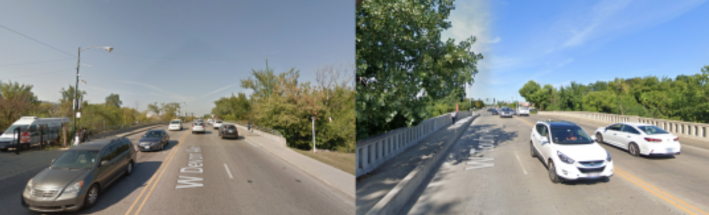 The vehicular bridges at Devon and Touhy. Images: Google Maps