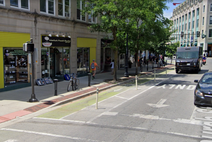 Protected bike lane on Church Street in downtown Evanston. Image: Google Maps