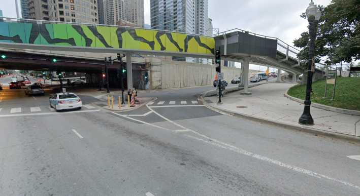 A closer view of the intersection where the cyclist was struck including the two westbound lanes of Grand where two of the witnesses said they were in cars waiting for a red light, and street-level access to the Lakefront Trail. Image: Google Maps