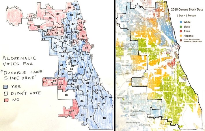 How aldermen voted on “DuSable Lake Shore Drive” (left) and Chicago racial demographics (2010 data) from the Racial Dot Map (right.) Each dot on the map represents one person. Blue = white, green = Black, red = Asian, and orange = Hispanic . Image: John Greenfield and Dustin A. Cable, Weldon Center for Public Service, Rector and Visitors of the University of Virginia