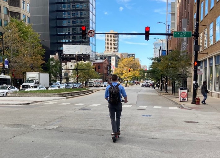 A scooter rider on LaSalle Street in River North this afternoon. Photo: John Greenfield