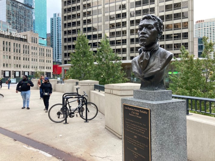 Bust of DuSable near his namesake bridge at Michigan Avenue. Photo: John Greenfield
