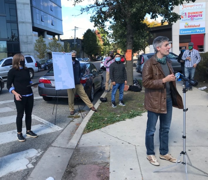 LaSpata speaks at the ribbon-cutting for the Milwaukee Avenue protected bike lanes in Logan Square in October 2020. Photo: John Greenfield