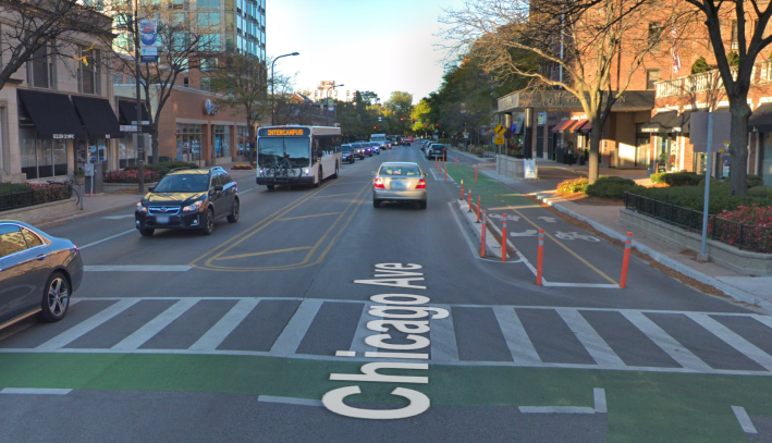 The two-way protected bike lane on Chicago Avenue between Davis and Sheridan. Image: Google Maps