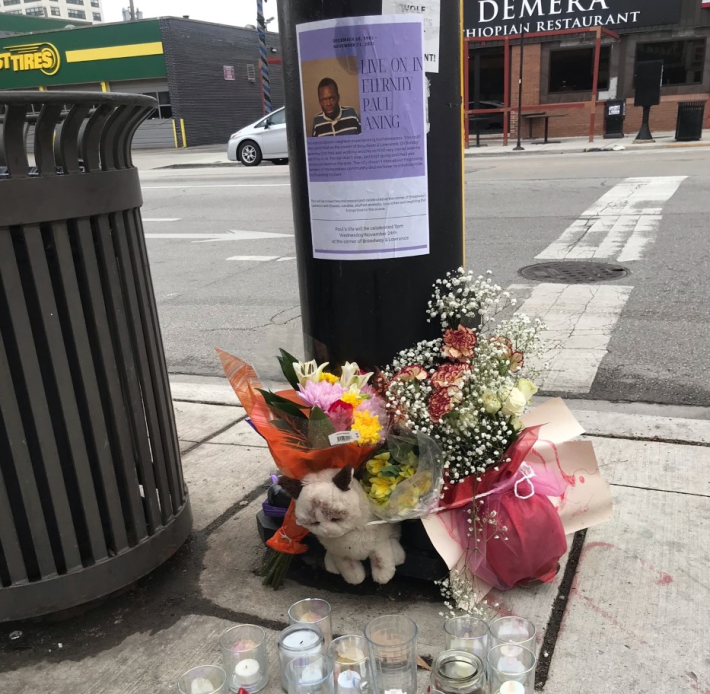 Shrine near the Green Mill. The flier has since been updated to say "He's Alive."