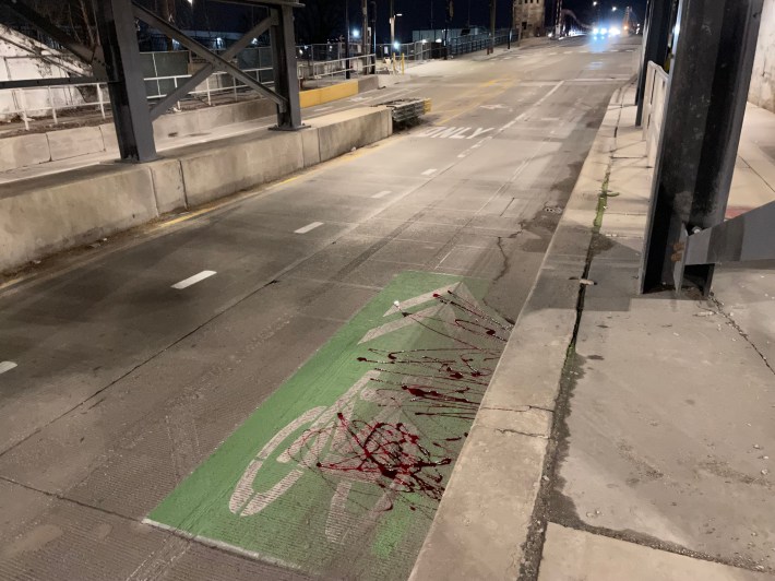 Fake blood on one of the sharrows. Photo: Steven Vance