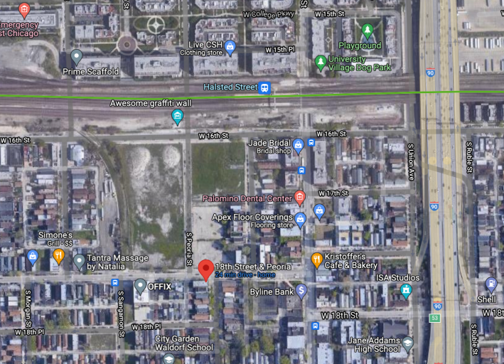 The location of the PMG-owned land at 18th/Peoria in Pilsen. Image: Google Maps