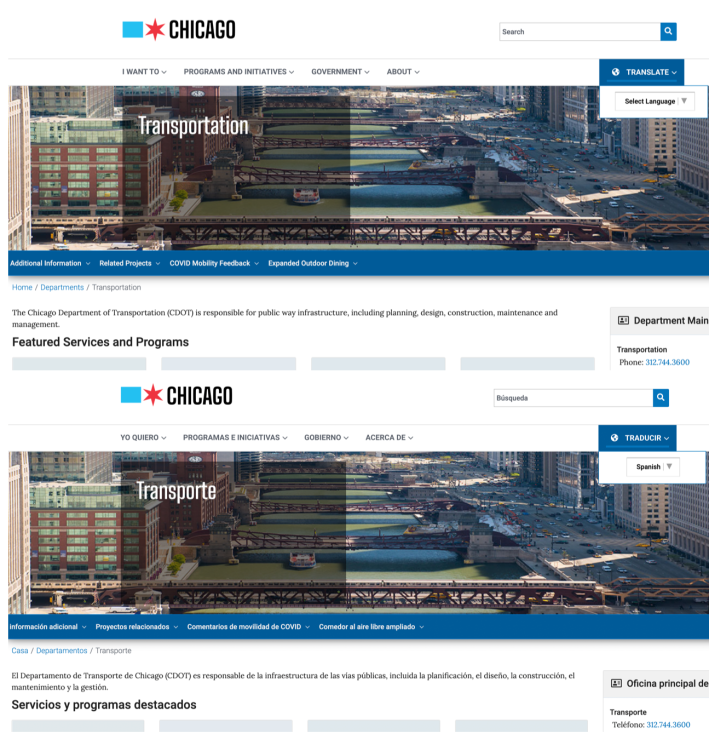 The home page of CDOT’s website in English, and automatically translated into Spanish.