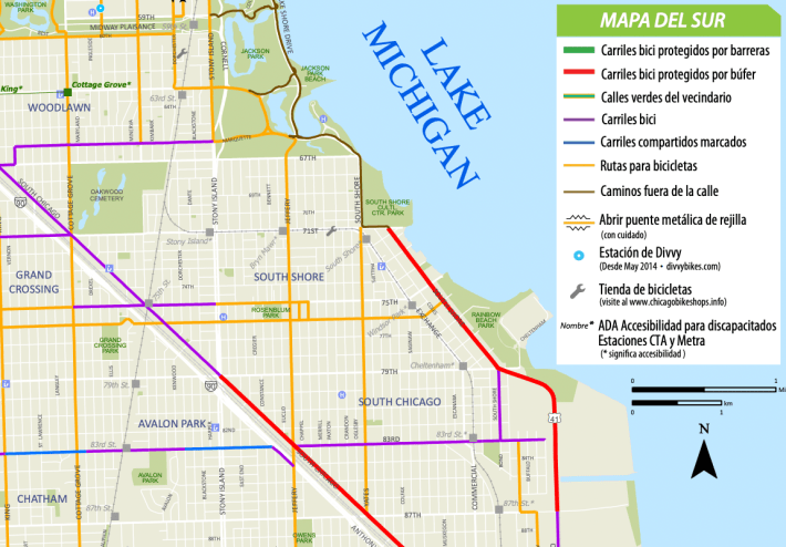 A detail from the Spanish version of CDOT’s Chicago Bike Map, published in 2014.