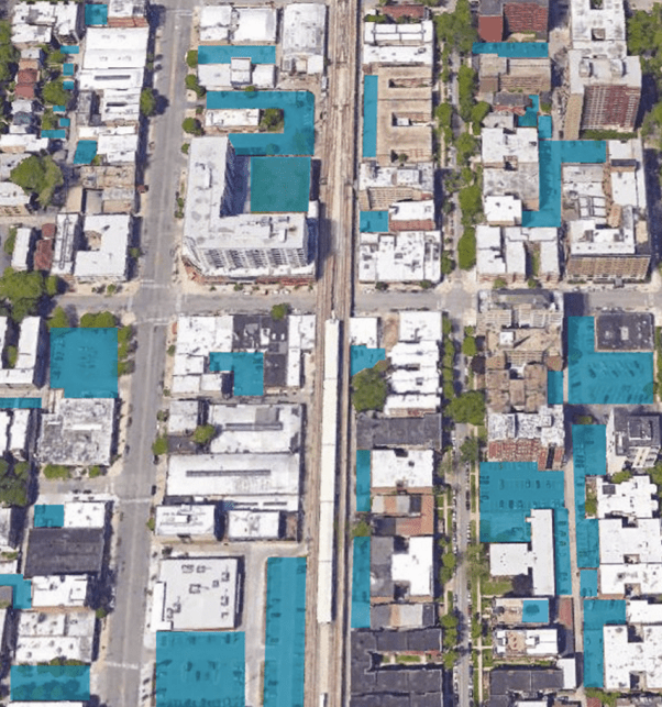 Parking lots in Edgewater. In addition to raising rents, lots break up streetscapes and make neighborhoods less appealing to walk and bike in. Source: Center for Neighborhood Technology