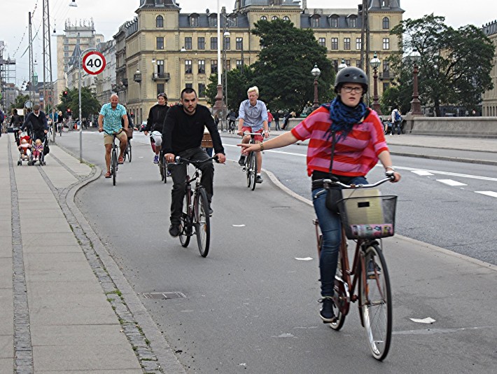 A raised bike lane in Copenhagen, Denmark, where about one in three trips are made by bike. Photo: John Greenfield
