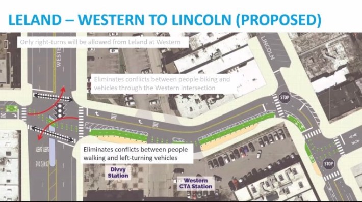 A rendering of the Leland & Western intersection. A two-way protected bike lane and a pedestrian island will be installed. Drivers will be prohibited from making left turns.Photo: CDOT