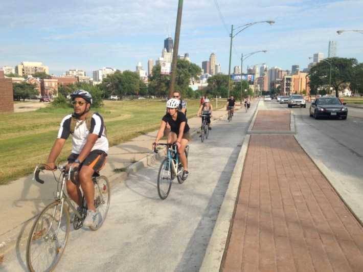 A concrete-protected bike lane on Chicago's Clybourn Avenue.