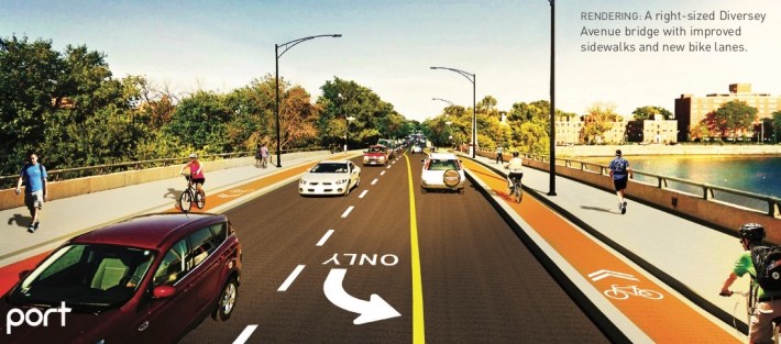 Rendering of curb-protected bike lanes on the Diversey bridge from the Active Transportation Alliance's 2018 recommendations for the corridor. Image: Port Urbanism