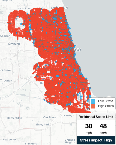 As it stands, basically every street in Chicago that doesn’t have bikeways, including quiet side streets, is classified as “high stress.” Image: People for Bikes