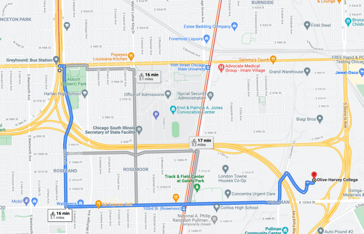 It's about a three-mile bike ride from the Red Line to Olive Harvey. Image: Google Maps