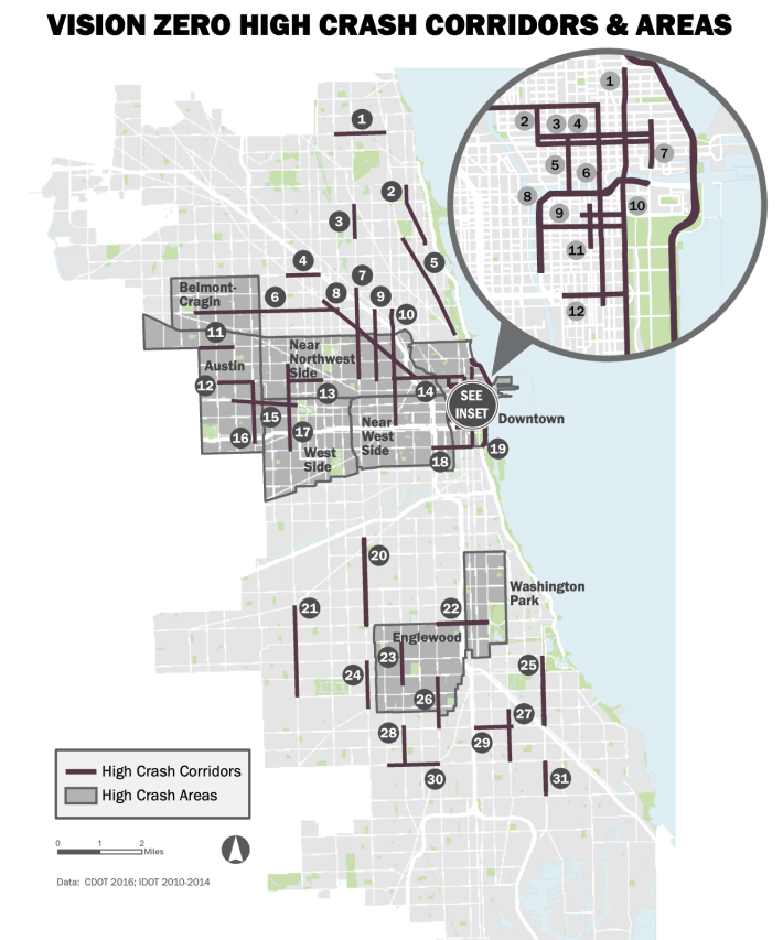 High Crash Corridors and Areas identified in the Vision Zero Chicago Action Plan.