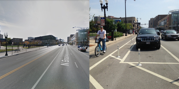 Before and after the four travel lanes on Broadway in Chicago's Uptown neighborhood were converted to two mixed-traffic lanes, a turn lane turn, and parking-protected bike lanes. Images: John Greenfield, Google Maps